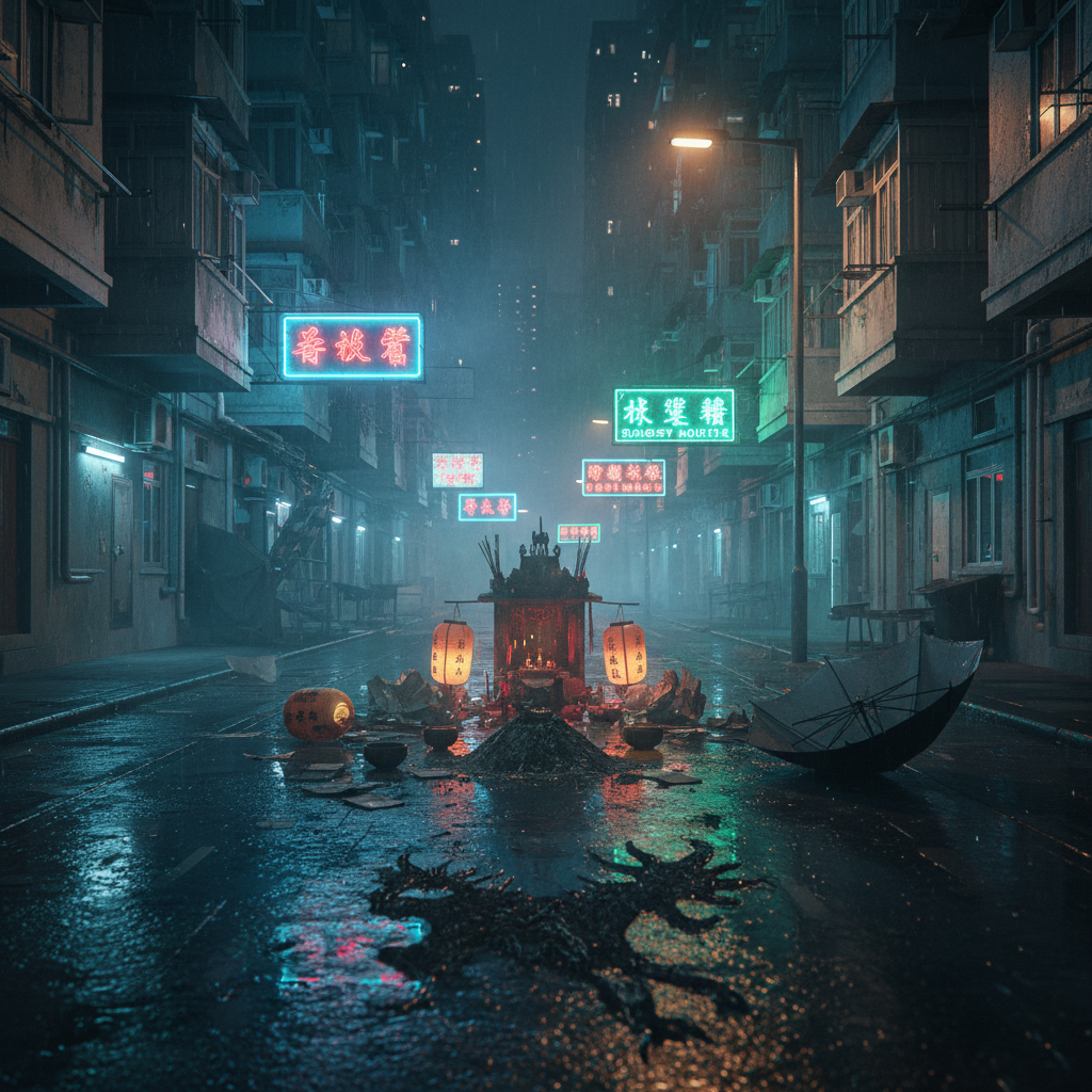 A rain-slicked Hong Kong alley at night, framed by towering, dilapidated buildings on either side, their neon signs glitching and flickering ominously. At the center, a small improvised shrine for Ghost Month—paper lanterns, offering bowls, and folded ghost money—has been disturbed. Ash from burned offerings forms the unmistakable silhouette of a horned, many-eyed creature on the wet pavement, its shape only visible where reflected neon is broken. A black umbrella, turned inside out by wind, lies nearby. The air is filled with mist and stray incense smoke, lit by cold blue neon and a single warm, failing streetlamp. Photographic realism, shot from a slightly elevated angle with shallow depth of field, creating a claustrophobic, haunted urban atmosphere.